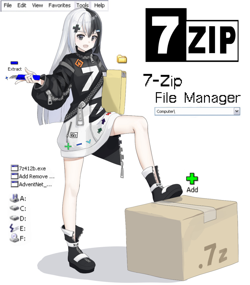 1girl, 7-zip, :d, absurdres, arrow_(symbol), black_eyes, black_footwear, black_hair, black_sweater, boots, box, boxcutter, chinese_commentary, commentary_request, copyright_name, english_text, folder, hair_ornament, hairpin, highres, holding, holding_boxcutter, holding_folder, logo, long_hair, long_sleeves, looking_at_viewer, minus_sign, multicolored_clothes, multicolored_hair, multiple_hairpins, open_mouth, personification, plus_sign, smile, solo, sweater, text_print, user_interface, white_hair, white_sweater, x_hair_ornament, xiazi_(hypotenuseleg), zipper