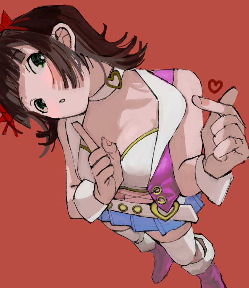 1girl, amami_haruka, bare_arms, bare_shoulders, blue_skirt, blush, boots, brown_hair, collar, crop_top, flipped_hair, green_eyes, hair_ribbon, head_tilt, heart, highres, idolmaster, idolmaster_(classic), idolmaster_million_live!, idolmaster_million_live!_theater_days, jacket, looking_at_viewer, medium_hair, midriff, navel, parted_lips, pink_diamond_765_(idolmaster), pink_footwear, pink_jacket, red_background, red_ribbon, ribbon, skirt, sleeveless, sleeveless_jacket, solo, tabinonittei, thigh-highs, white_collar, white_thighhighs