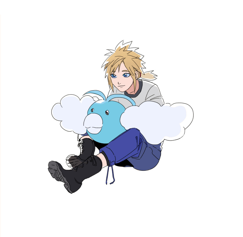 1boy, aged_down, black_footwear, blonde_hair, blue_eyes, blue_pants, boots, cloud_strife