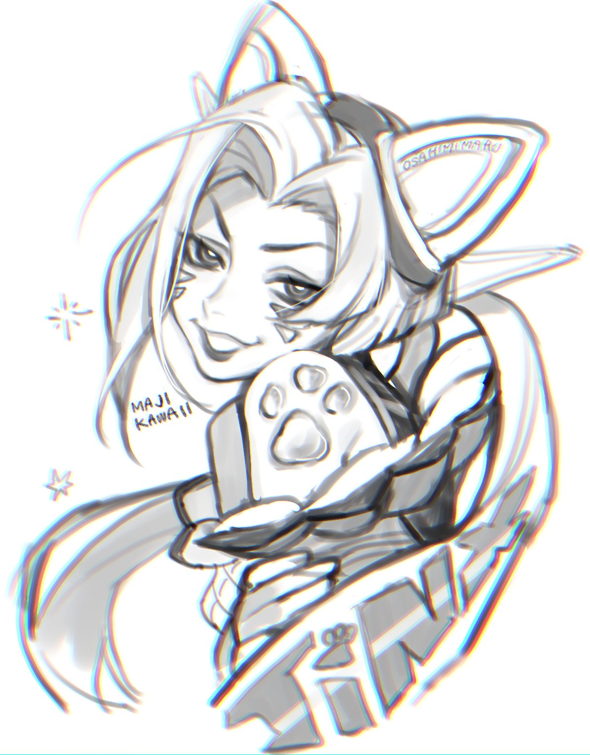 1girl, animal_ear_headphones, animal_ears, artist_name, asymmetrical_bangs, battle_cat_jinx, cat_ear_headphones, character_name