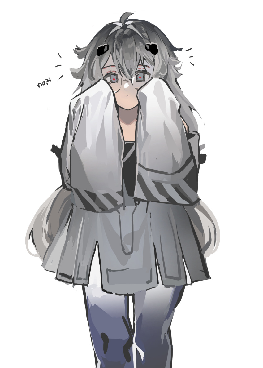 1girl, absurdres, ahoge, closed_mouth, dress, glasses, grey_dress, grey_eyes, grey_hair, grey_pantyhose, hair_between_eyes, headgear, highres, long_hair, looking_at_viewer, no.21:_xxi_(punishing:_gray_raven), pantyhose, punishing:_gray_raven, red_pupils, sleeves_past_fingers, sleeves_past_wrists, solo, translation_request, very_long_hair, white_background, yongsadragon