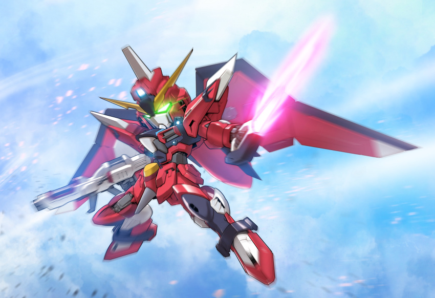absurdres, beam_saber, commentary, dual_wielding, energy_blade, energy_sword, glowing, glowing_eyes