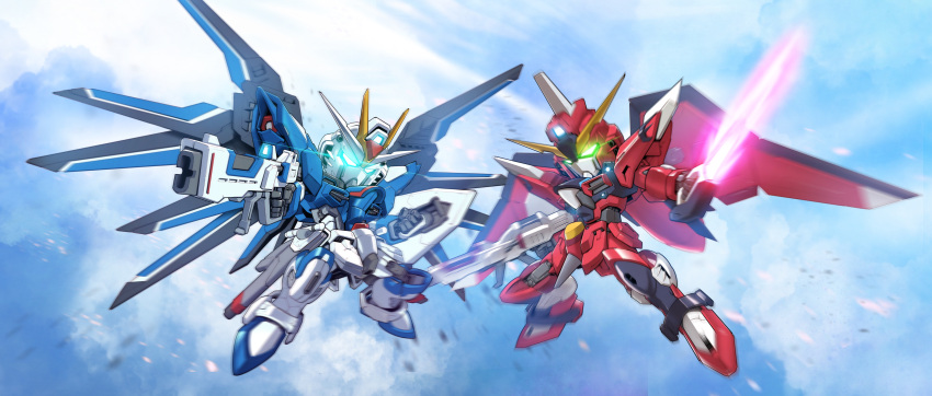 absurdres, aiming, arm_shield, beam_rifle, beam_saber, blue_eyes, chibi, clenched_hand