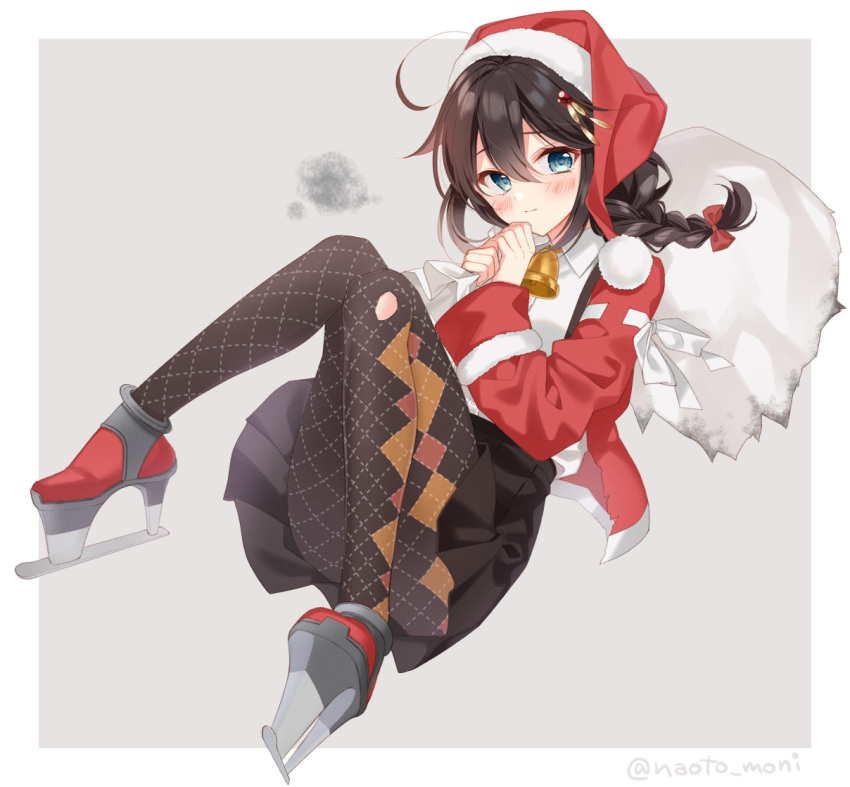 1girl, ahoge, bell, black_pantyhose, black_skirt, blue_eyes, blush, brown_hair, closed_mouth, collared_shirt, cosplay, hair_between_eyes, hair_flaps, hat, holding, holding_sack, kantai_collection, long_hair, long_sleeves, naoto_(tulip), neck_bell, pantyhose, pleated_skirt, pom_pom_(clothes), red_headwear, rudder_footwear, ryuujou_(kancolle), ryuujou_(kancolle)_(cosplay), sack, santa_hat, shigure_(kancolle), shigure_kai_ni_(kancolle), shirt, skirt, solo, torn_clothes, torn_pantyhose, twitter_username, white_shirt