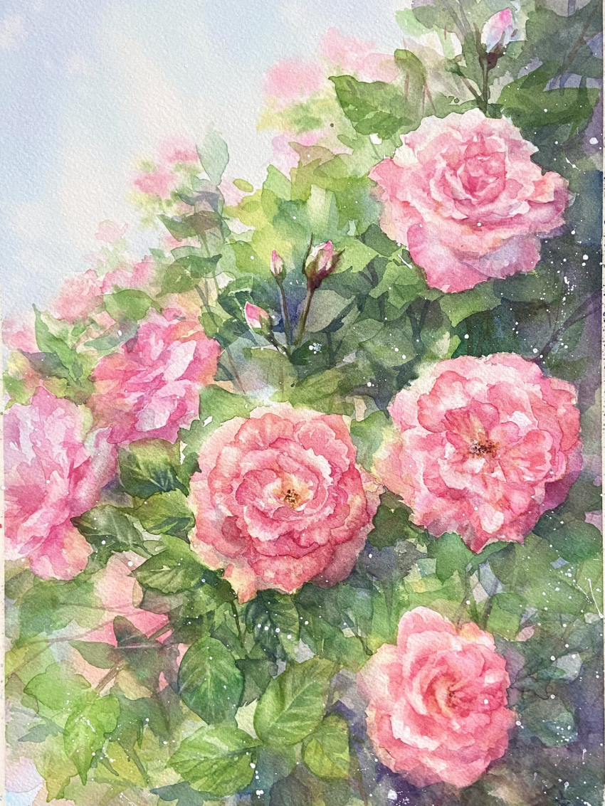 flower, highres, leaf, no_humans, ooy33151086, original, painting_(medium), pink_flower
