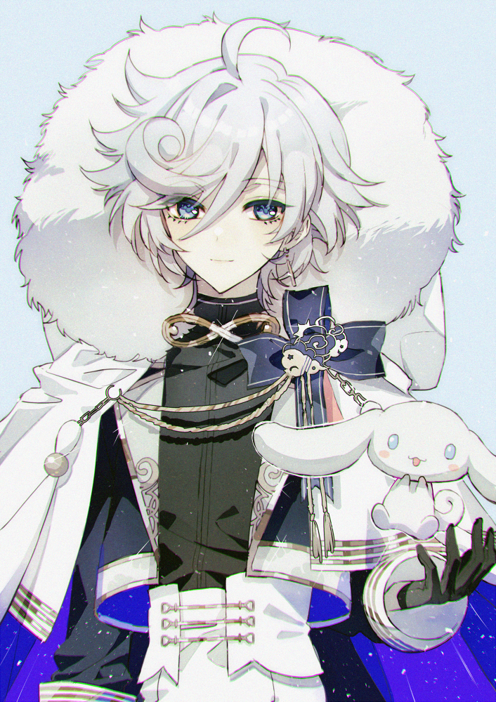 2boys, ahoge, black_gloves, black_shirt, blue_eyes, blush, cape, cielomort_(fragaria_memories)