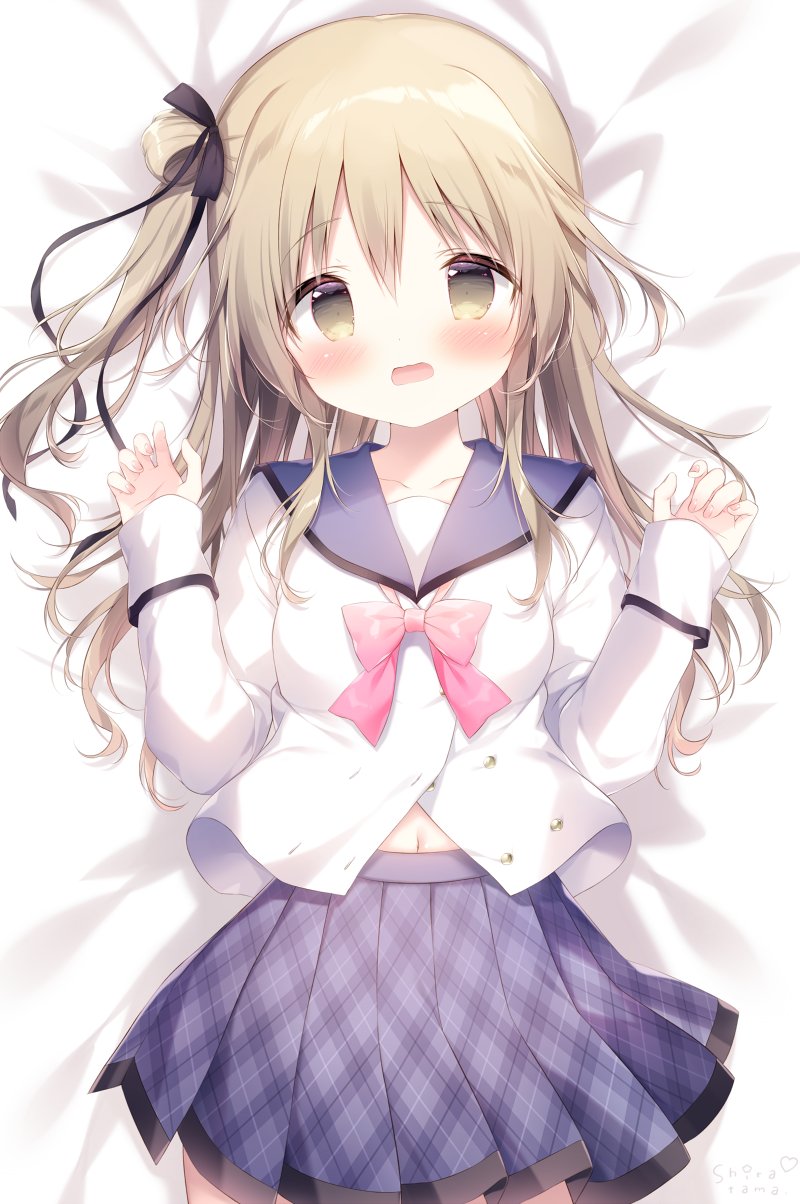 1girl, bed_sheet, black_bow, blue_sailor_collar, blue_skirt, blush, bow, breasts