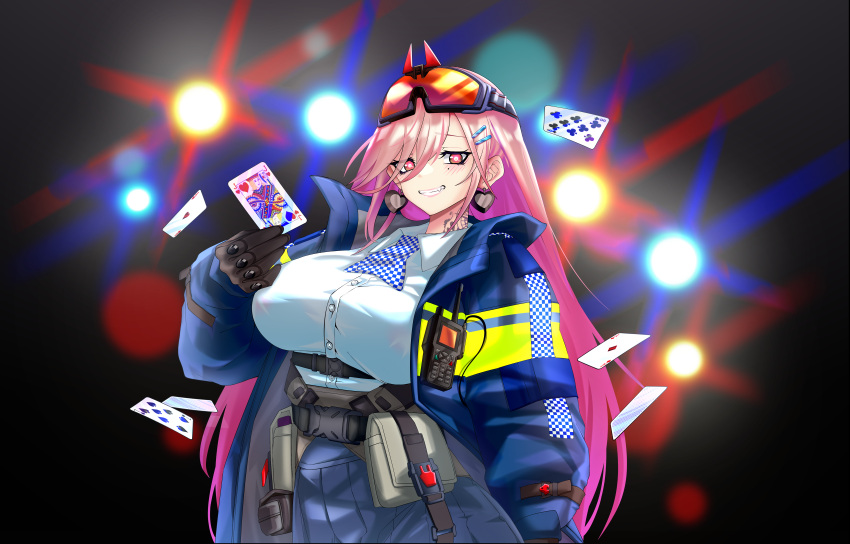 1girl, absurdres, belt, blue_skirt, breasts, card, commission, commissioner_upload, dark_background, earrings, girls_frontline, gloves, goggles, goggles_on_head, gun, heart, heart_earrings, highres, holding, holding_card, jacket, jewelry, large_breasts, long_hair, metropolitan_police_service, mole, mole_under_eye, neck_tattoo, non-web_source, open_clothes, open_jacket, pink_hair, playing_card, police, police_uniform, pouch, red_eyes, rifle, samsam_s2s, shirt, sig_mcx_(girls'_frontline), skirt, smile, tattoo, uniform, walkie-talkie, weapon