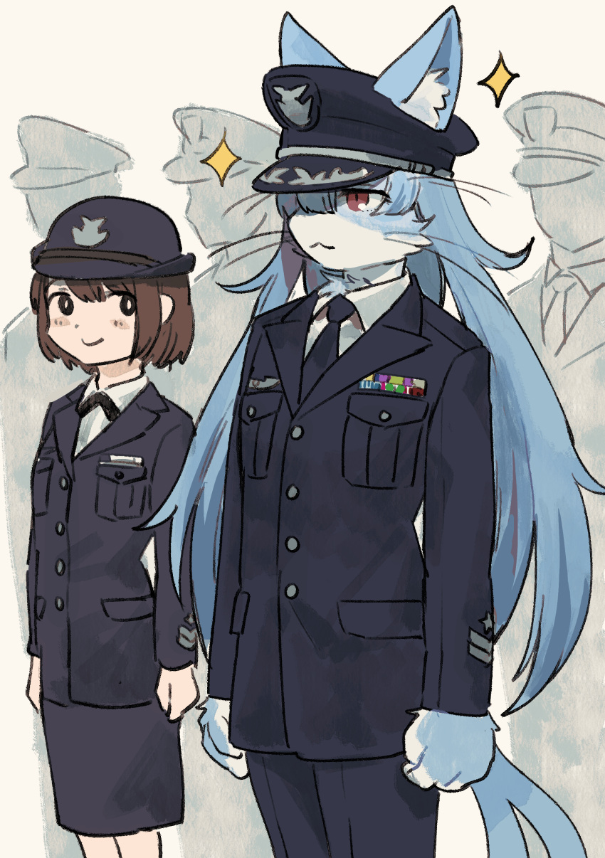 1boy, 1girl, absurdres, blue_hair, brown_eyes, brown_hair, cat_boy, commentary