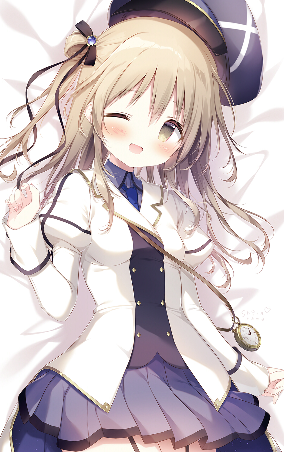 1girl, ;d, bed_sheet, black_headwear, blue_necktie, blue_shirt, blue_skirt, breasts