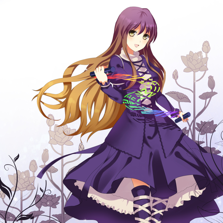 brown_eyes, brown_hair, dress, floral_background, flower, garigarigari, gradient_hair, highres, hijiri_byakuren, long_hair, looking_at_viewer, lotus, multicolored_hair, open_mouth, orange_hair, purple_dress, purple_hair, scroll, smile, solo, touhou, yellow_eyes