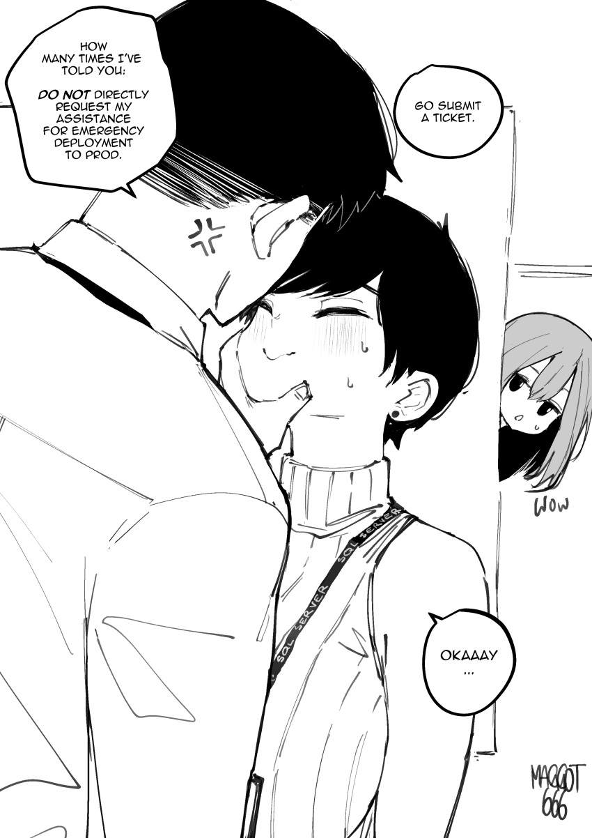 1boy, 2girls, absurdres, anger_vein, artist_name, breasts, cheek_squash, closed_eyes