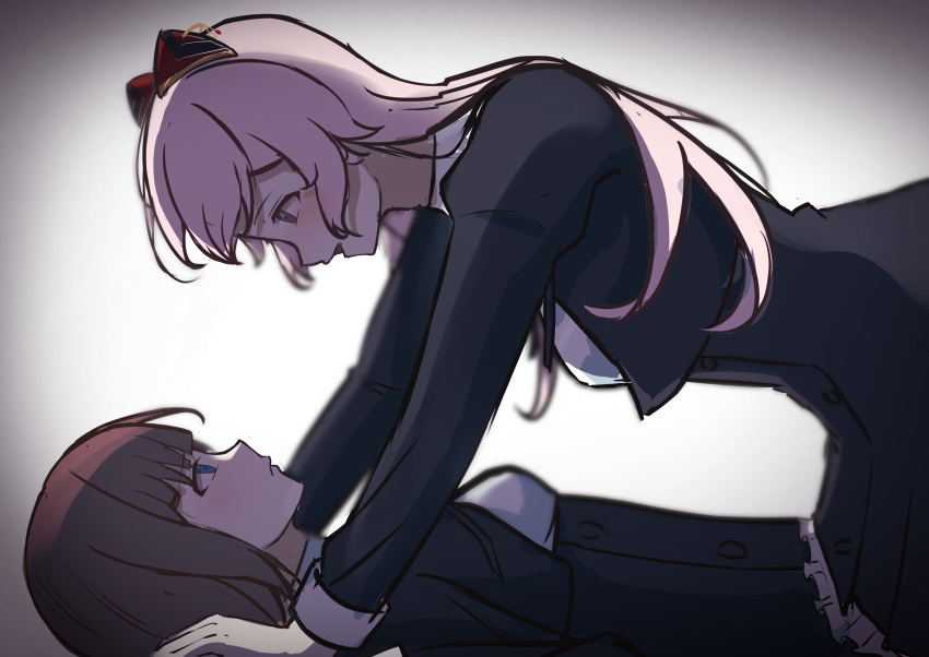 2girls, absurdres, all_fours, arm_at_side, arm_support, assault_lily, black_skirt, blue_eyes, blunt_bangs, blurry, brown_hair, buttons, closed_mouth, commentary_request, cowboy_shot, cropped_jacket, depth_of_field, endou_araya, eye_contact, frilled_skirt, frills, from_side, girl_on_top, gradient_background, grey_background, hairpods, high-waist_skirt, highres, juliet_sleeves, kaede_johan_nouvel, kaswen, long_hair, long_sleeves, looking_at_another, lying, multiple_girls, on_back, parted_lips, pink_eyes, pink_hair, profile, puffy_sleeves, school_uniform, shirt, sketch, skirt, smile, white_background, white_shirt, yuri, yurigaoka_girls_academy_school_uniform