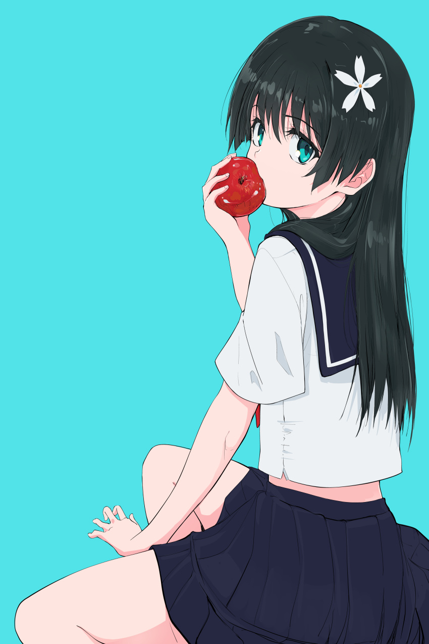 1girl, absurdres, apple, aqua_background, black_hair, blue_eyes, blue_sailor_collar, blue_skirt