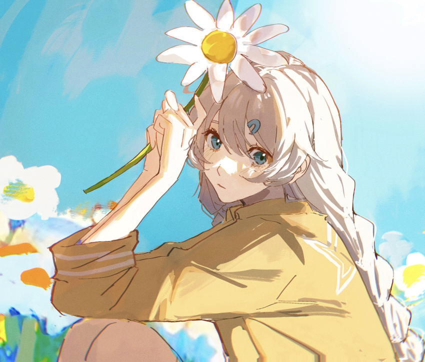 1girl, alternate_costume, blue_eyes, blue_sky, braid, closed_mouth, ezsesp, flower, hair_between_eyes, highres, holding, holding_flower, honkai_(series), honkai_impact_3rd, kiana_kaslana, long_hair, looking_at_viewer, outdoors, shirt, sitting, sky, solo, white_flower, white_hair, yellow_shirt, yellow_sleeves