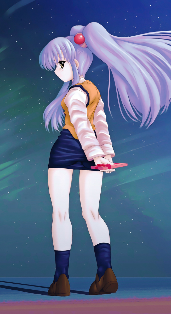1girl, arms_behind_back, black_skirt, black_socks, blue_hair, brown_eyes, brown_footwear, ebi_tendon