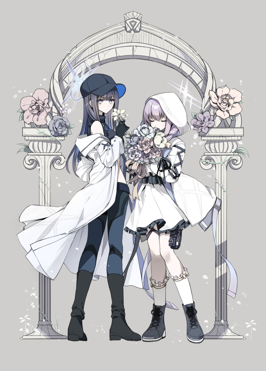 2girls, absurdres, arch, atsuko_(blue_archive), belt_pouch, black_footwear, black_hair, blue_archive