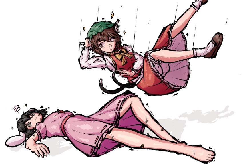 2girls, @_@, animal_ears, barefoot, bow, bowtie, brown_footwear, cat_ears, cat_girl, cat_tail, chen, chikncheddr, closed_mouth, commentary, dress, english_commentary, green_headwear, hat, highres, inaba_tewi, long_sleeves, mob_cap, multiple_girls, multiple_tails, nekomata, pink_dress, rabbit_ears, rabbit_girl, red_skirt, short_sleeves, simple_background, skirt, socks, squiggle, tail, touhou, two_tails, white_background, white_socks, yellow_bow, yellow_bowtie