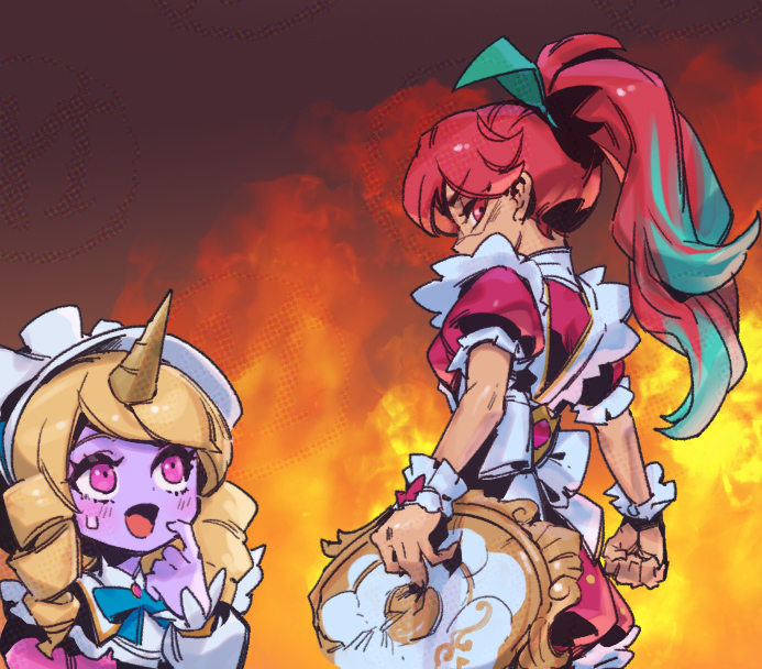 2girls, :d, angry, arm_at_side, blush, bow, bowtie, cafe_cuties_sivir