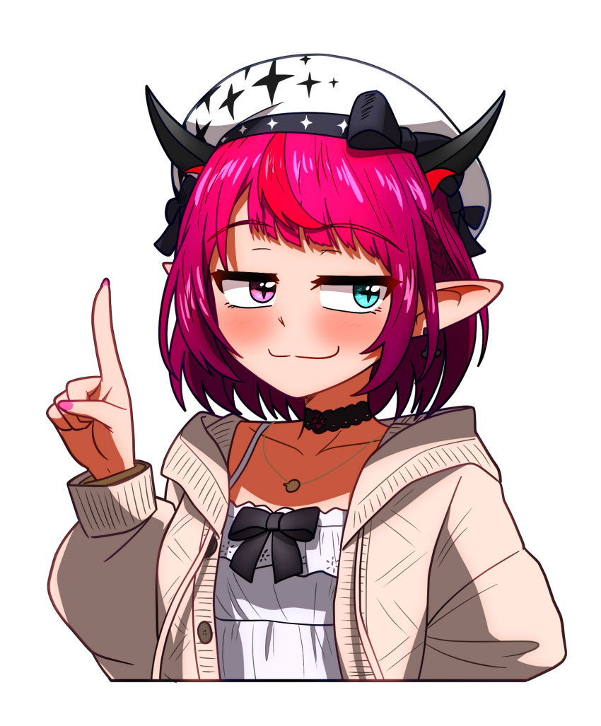 1girl, beret, blue_eyes, cardigan, ddolbang, dress, hat, heterochromia