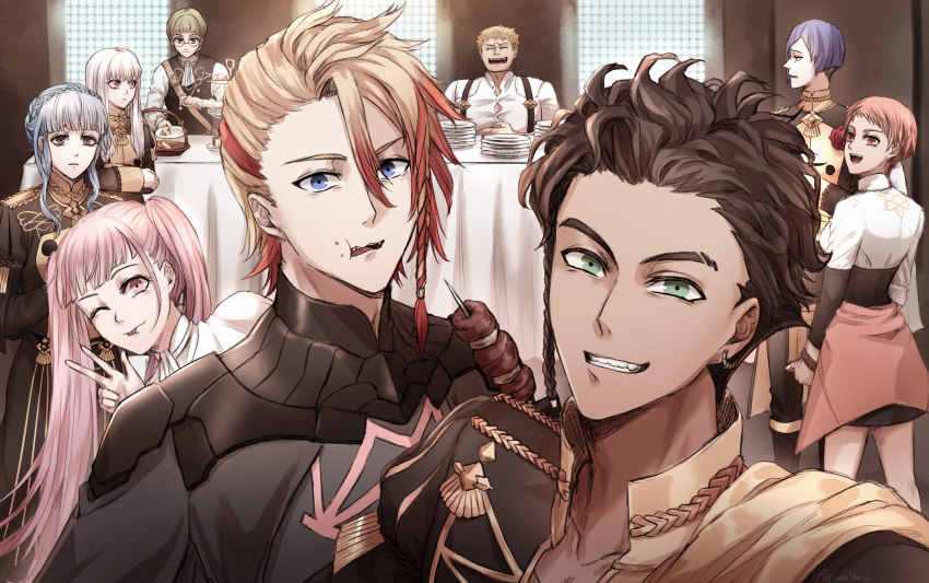 4girls, 5boys, absurdres, axel_syrios, blonde_hair, blue_eyes, blue_hair, braid, brown_eyes, brown_hair, byleth_(fire_emblem), byleth_(male)_(fire_emblem), byleth_(male)_(fire_emblem)_(cosplay), claude_von_riegan, commentary, cosplay, crossover, crumbs, eating, fire_emblem, fire_emblem:_three_houses, food, garreg_mach_monastery_uniform, green_eyes, group_picture, highres, hilda_valentine_goneril, holding, holding_skewer, holostars, holostars_english, ignatz_victor, laughing, leonie_pinelli, long_hair, looking_at_another, looking_at_viewer, lorenz_hellman_gloucester, lysithea_von_ordelia, marianne_von_edmund, medium_hair, multicolored_hair, multiple_boys, multiple_girls, one_eye_closed, pink_hair, plate, potamikouu, purple_hair, raphael_kirsten, short_hair, side_braid, skewer, symbol-only_commentary, table, tongue, tongue_out, twintails, two-tone_hair, v, virtual_youtuber, white_hair