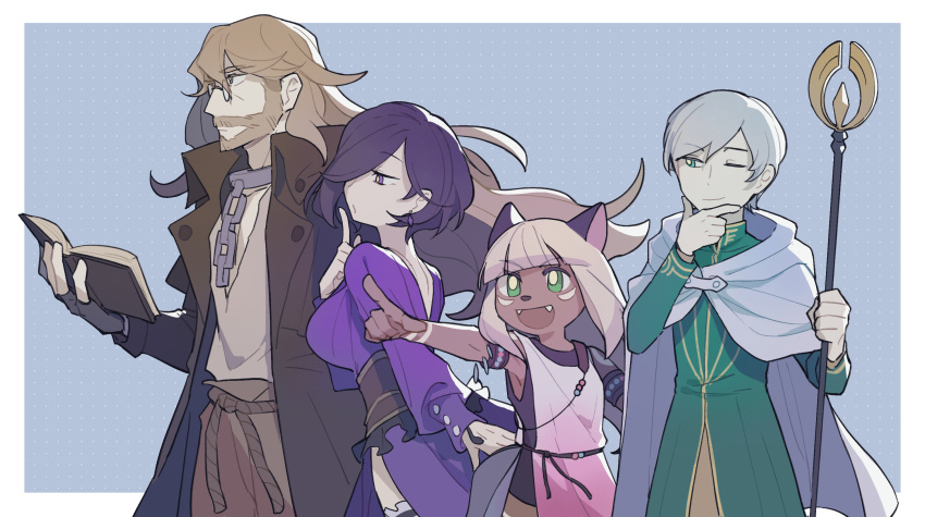 2boys, 2girls, aluuuuu721, animal_ears, beard, black_hair, book, brown_coat, brown_hair, cloak, coat, collar, dress, earrings, facial_hair, fangs, glasses, grey_hair, hair_over_one_eye, hand_on_own_chin, highres, jewelry, long_hair, metal_collar, multiple_boys, multiple_girls, ochette_(octopath_traveler), octopath_traveler, octopath_traveler_ii, one_eye_closed, open_book, osvald_v._vanstein, pointing, purple_dress, staff, stroking_own_chin, temenos_mistral, throne_anguis, white_cloak