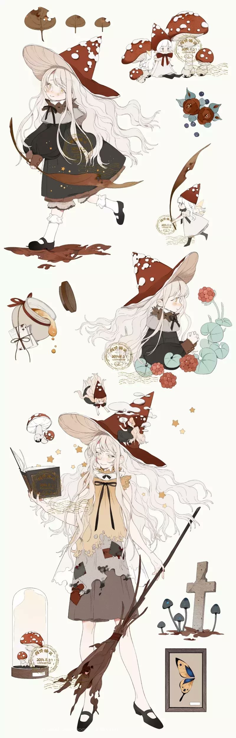 2girls, absurdres, age_progression, artist_name, autumn_leaves, black_bow, black_bowtie, black_dress