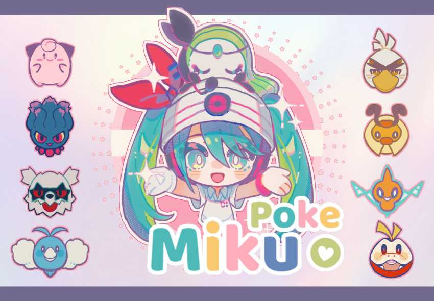 1girl, altaria, aqua_eyes, aqua_hair, beanie, blush, blush_stickers, border, bracelet, buttonniukoukou, chibi, circle, circlet, clefairy, closed_eyes, collared_shirt, colored_eyelashes, copyright_name, creature_on_head, crocalor, eyelashes, galarian_zigzagoon, gem, gloves, green_gemstone, grey_border, hair_ribbon, hat, hatsune_miku, highres, jewelry, jigglypuff, kricketot, long_hair, looking_at_viewer, mismagius, nose_blush, open_mouth, outline, outstretched_arms, pink_outline, poke_ball_print, pokemon, pokemon_(creature), project_voltage, psychic_miku_(project_voltage), red_ribbon, ribbon, rotom, shirt, short_sleeves, single_glove, sirfetch'd, smile, sparkle, star_(symbol), twintails, upper_body, vocaloid, white_background, white_gloves, white_headwear, white_shirt