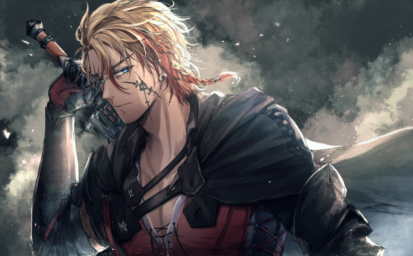1boy, absurdres, artist_name, axel_syrios, blonde_hair, blue_eyes, braid, cape, clive_rosfield, clive_rosfield_(cosplay), cloak, closed_mouth, clouds, cloudy_sky, cosplay, earrings, facial_mark, final_fantasy, final_fantasy_xvi, furrowed_brow, gauntlets, highres, holding, holding_weapon, holostars, holostars_english, jewelry, looking_at_viewer, multicolored_hair, open_collar, potamikouu, side_braid, sky, solo_focus, virtual_youtuber, weapon