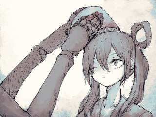 bucket, bucket_on_head, colored_skin, grey_eyes, grey_hair, long_hair, lowres, mama_ni_aitai