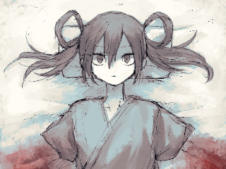 blood, blood_splatter, blood_stain, colored_skin, grey_eyes, grey_hair, long_hair, looking_at_viewer