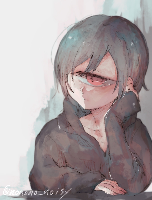 black_hoodie, cyclops, door, grey_hair, hood, hoodie, mama_ni_aitai, nonono_no, one-eyed, red_eyes, serious, short_hair, yonbanme