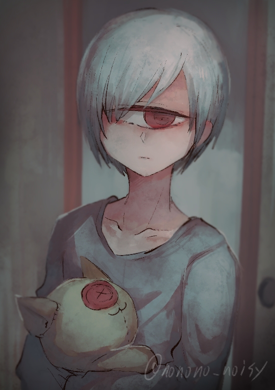 button_eyes, cyclops, door, grey_hair, mama_ni_aitai, nonono_no, one-eyed, red_eyes, short_hair, stuffed_animal, stuffed_toy, yonbanme