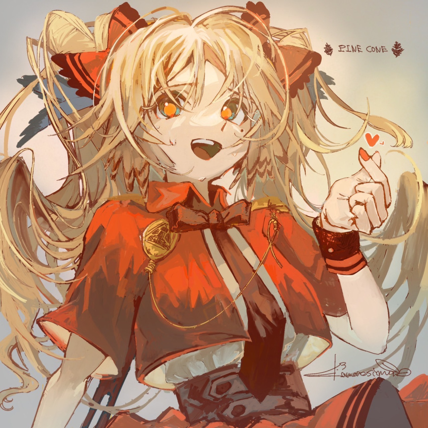 1girl, arknights, belt, black_belt, black_necktie, blonde_hair, blue_eyes, bow, character_name, collared_jacket, commentary_request, feather_hair, finger_heart, floating_hair, gradient_background, grey_background, hair_bow, hand_up, heart, highres, idol_clothes, jacket, kamonoshima, long_hair, looking_at_viewer, messy_hair, mole, mole_under_eye, multiple_hair_bows, necktie, open_clothes, open_jacket, open_mouth, orange_pupils, partial_commentary, pinecone_(arknights), pinecone_(sing_a_song)_(arknights), pocket_watch, red_bow, red_jacket, red_nails, red_skirt, shirt, short_sleeves, shoulder_boards, signature, skirt, smile, solo, sweat, teeth, twintails, two-tone_eyes, upper_body, upper_teeth_only, watch, white_shirt, wrist_cuffs