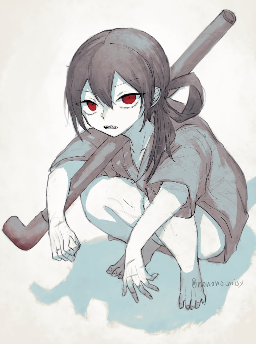 angry, cane, colored_skin, grey_hair, highres, holding, holding_cane, long_hair