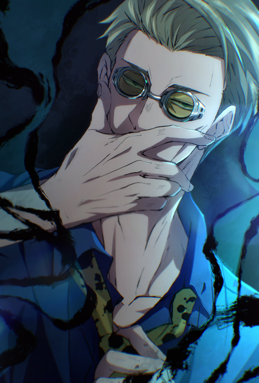1boy, absurdres, adjusting_clothes, adjusting_necktie, animal_print, blonde_hair, blue_eyes, blue_shirt