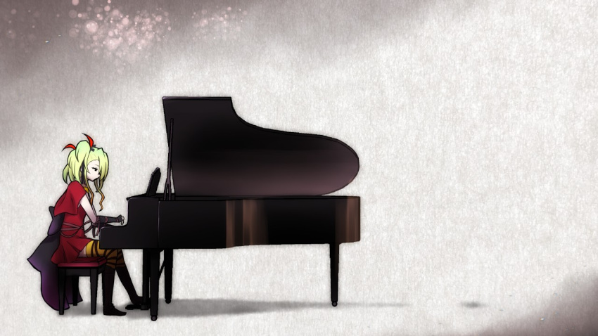 1girl, akaimato, deathpolca, demons_roots, dress, fingerless_gloves, from_side, full_body, gloves, grand_piano, green_hair, grey_background, hair_ribbon, instrument, long_hair, music, piano, piano_bench, playing_instrument, playing_piano, profile, red_dress, ribbon, side_ponytail, sitting, solo, striped, striped_thighhighs, thigh-highs
