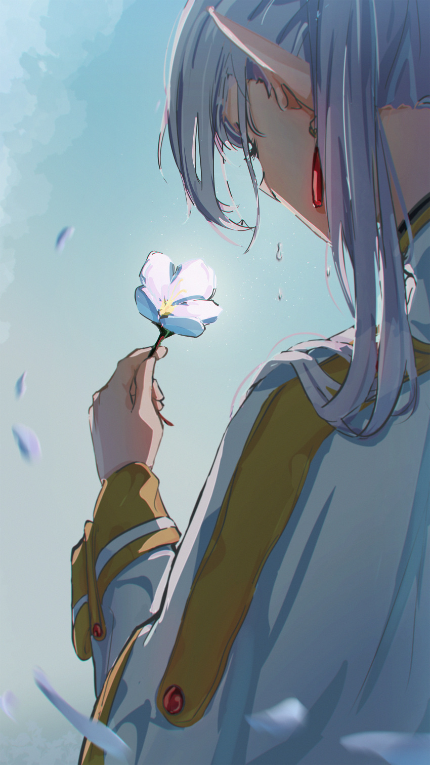 1girl, absurdres, capelet, commentary, dangle_earrings, earrings, elf, falling_petals