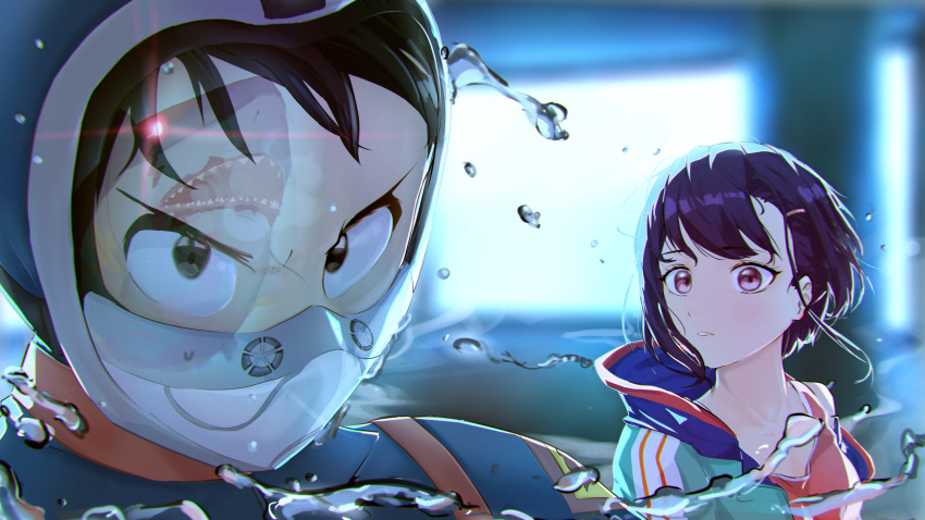 1boy, 1girl, absurdres, aquarium, black_eyes, black_hair, blurry, blurry_background