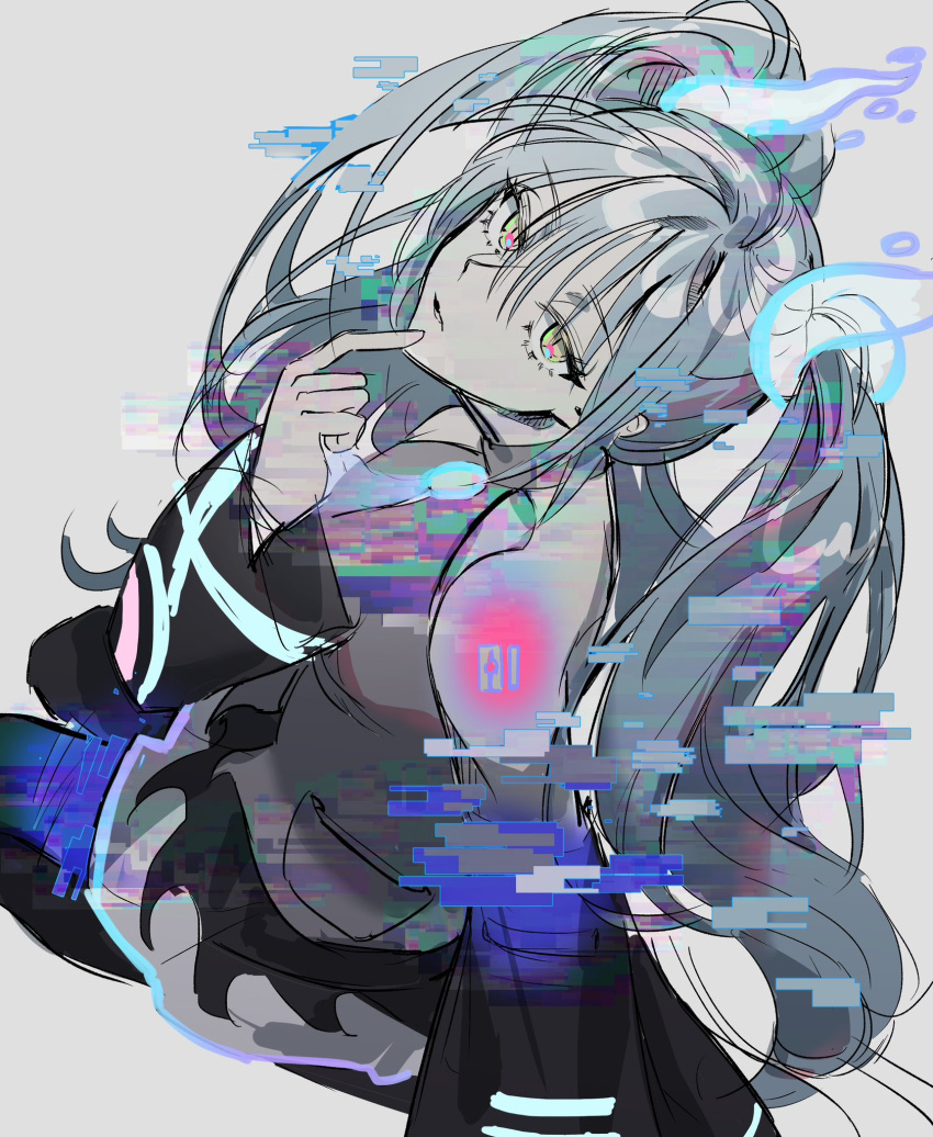 1girl, aqua_hair, black_thighhighs, detached_sleeves, ghost, ghost_miku_(project_voltage), glitch, grey_shirt