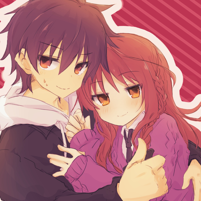1boy, 1girl, arm_around_waist, black_hair, black_necktie, blush, braid, casual, closed_mouth, commentary_request, couple, dracu-riot!, dress_shirt, eyes_visible_through_hair, hair_between_eyes, hetero, highres, hood, hoodie, hug, jitome, konoquro, long_hair, looking_at_viewer, mutsura_yuuto, necktie, official_alternate_costume, orange_eyes, purple_sweater, red_background, redhead, shirt, short_hair, side-by-side, sidelocks, simple_background, single_braid, sleeves_past_wrists, smile, spiky_hair, sweatdrop, sweater, thumbs_up, upper_body, white_hoodie, white_shirt, yarai_miu