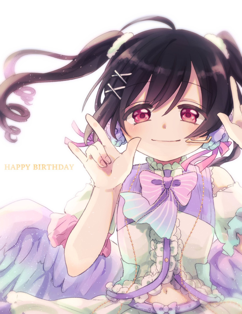 ahoge, black_hair, bow, hair_ornament, hairclip, headset, highres, love_live!