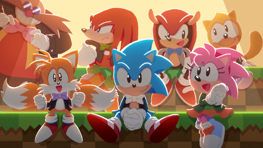 1girl, 6+boys, adjusting_bow, amy_rose, animal_ears, anniversary, bow, bowtie