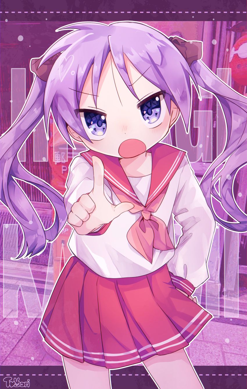 absurdres, highres, hiiragi_kagami, lucky_star, medium_hair, pleated_skirt, pointing, pointing_at_viewer