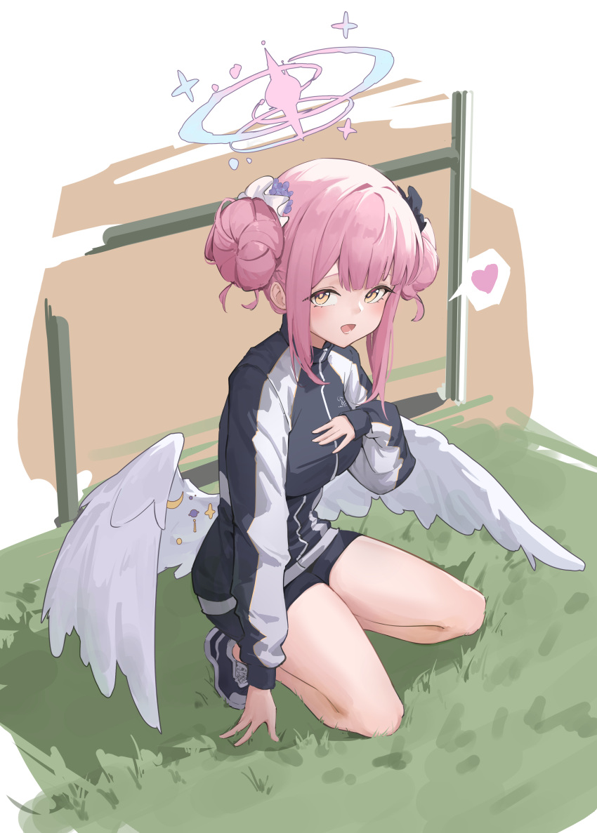 1girl, absurdres, black_shorts, blue_archive, breasts, commentary_request, double_bun, feathered_wings