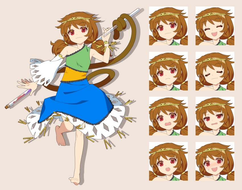 4rion, bangle, bare_shoulders, barefoot, blue_dress, bracelet, brown_hair, circlet