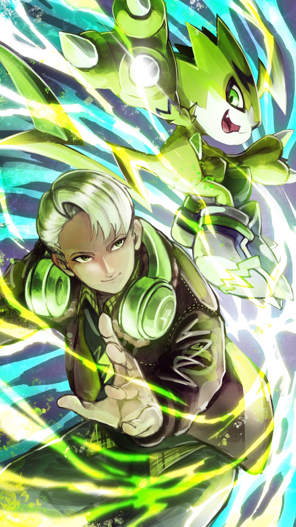 1boy, 1other, black_jacket, boots, digimon, digimon_(creature), digimon_seekers, energy