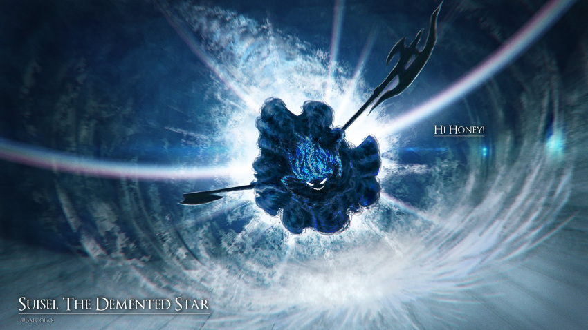 artist_name, axe, baloolax, blue_hair, dual_wielding, english_text, fiery_hair, flying