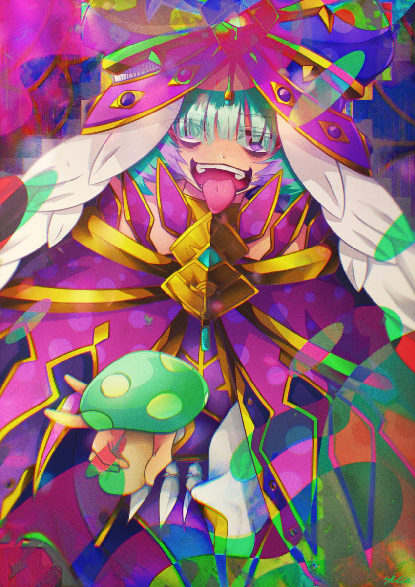 1girl, blue_hair, breasts, cape, cloak, crazy_eyes, crazy_smile, fate/grand_order