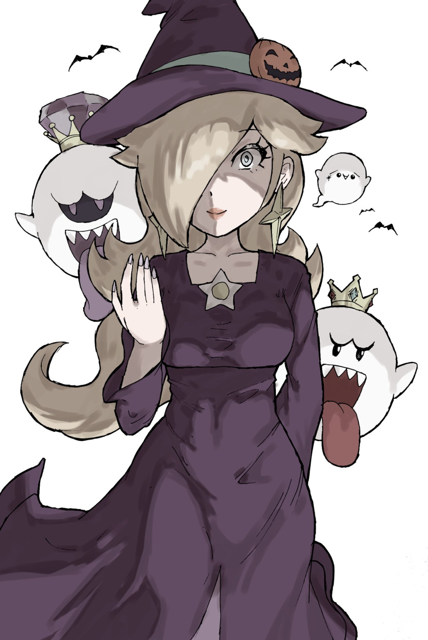 1girl, bat_(animal), blonde_hair, boo_(mario), breasts, commentary_request, crown, dress